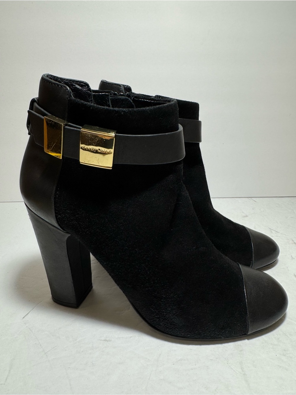 See By Chloe Ankle Black Leather Suede boots Heel Strap Size 36 US 6